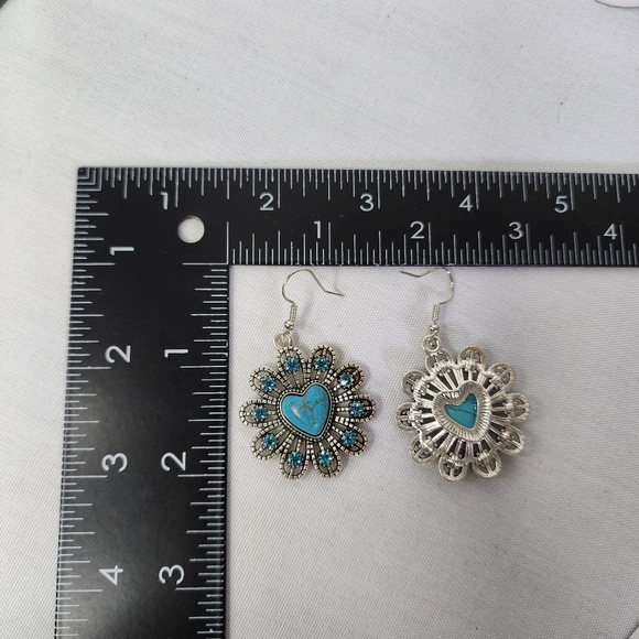 Boho Silver Turquoise Color Natural Stone Heart Flower Earrings New - Picture 6 of 7